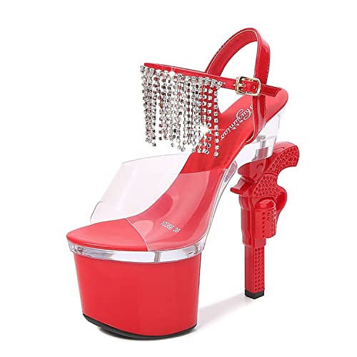 WOkismD Damen-PVC-Sandaletten mit transparentem Plateau, offene Zehen, High Heels mit Strass-Kette, Knöchelriemen, 17,5 cm/6,8 Zoll für Stripper-Party-Club-Pole-Dance,Rot,38 von WOkismD