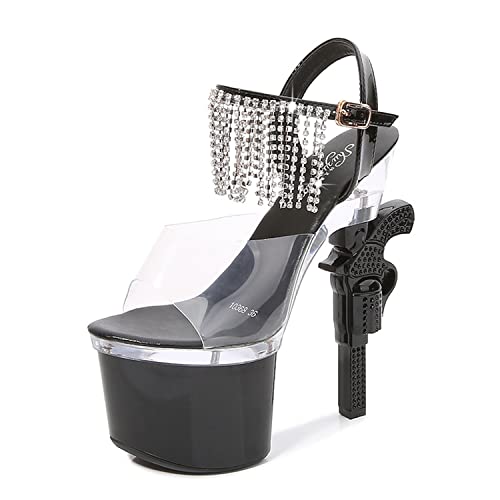 WOkismD Damen-PVC-Sandaletten mit transparentem Plateau, offene Zehen, High Heels mit Strass-Kette, Knöchelriemen, 17,5 cm/6,8 Zoll für Stripper-Party-Club-Pole-Dance,Schwarz,39 von WOkismD