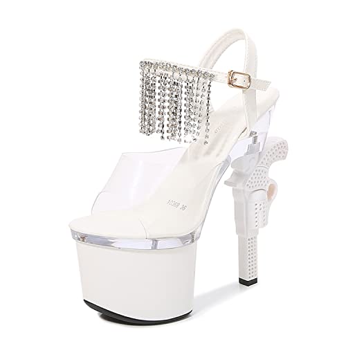 WOkismD Damen-PVC-Sandaletten mit transparentem Plateau, offene Zehen, High Heels mit Strass-Kette, Knöchelriemen, 17,5 cm/6,8 Zoll für Stripper-Party-Club-Pole-Dance,Weiß,34 von WOkismD