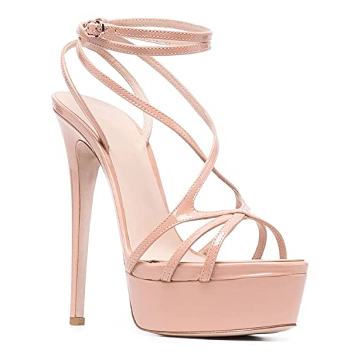 WOkismD Damen Plateau Kleid Sandalen Peep Open Toe Knöchelriemen Slingback Stiletto High Heel Schuhe Riemchen Pumps Hochzeit Patent 5,9 Zoll,Rosa,35 von WOkismD