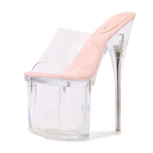 WOkismD Damen-Plateau-Sandalen mit klarem Absatz, offene Zehen, hoher Stiletto-Absatz, PVC, transparenter Kristall-Absatz, Slip-on-Hausschuhe, Hochzeitskleid-Schuhe,Rosa,37 von WOkismD