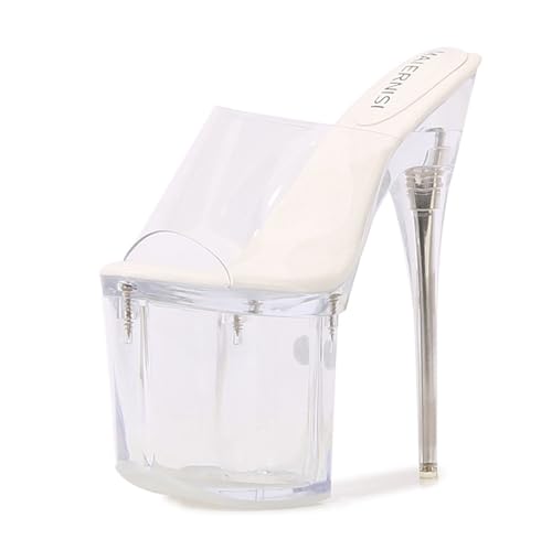 WOkismD Damen-Plateau-Sandalen mit klarem Absatz, offene Zehen, hoher Stiletto-Absatz, PVC, transparenter Kristall-Absatz, Slip-on-Hausschuhe, Hochzeitskleid-Schuhe,Weiß,42 von WOkismD