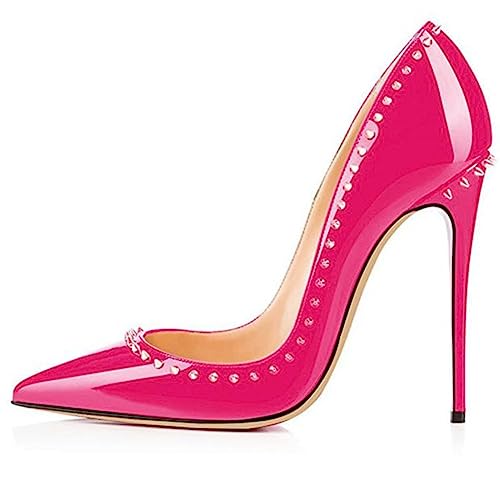 WOkismD Damen-Pumps in Übergröße, sexy, spitzer Zehenbereich, modische High Heels mit Nieten, Bequeme und auffällige Stiletto-Absätze für Damen, Hochzeit, Party, formelle Slip-on-Schuhe,Rosa,41 von WOkismD