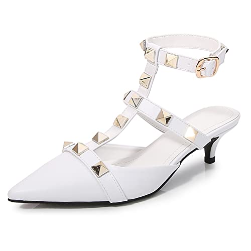 WOkismD Damen-Pumps mit Kitten-Absatz, spitzer Zehenbereich, Slingback-Sandalen mit mittelhohem Absatz, mit Metallnieten besetzte T-Riemen, geschlossene Zehen-Pumps, Hochzeits- und,Weiß,34 von WOkismD