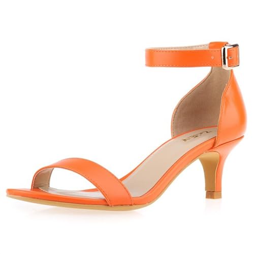 WOkismD Damen Pumps mit Kitten Heel aus PU-Leder, offene Zehenpartie, Fesselriemchen, Schnalle, Stiletto-High-Heels, Sandalen für Hochzeiten, Partys, elegante Basic-Schuhe,Orange,39 von WOkismD