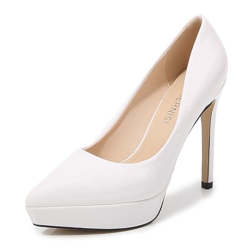 WOkismD Damen-Pumps mit Plateau-High-Heels, spitz, geschlossener Zehenbereich, 11,9 cm, Stilettos zum Hineinschlüpfen für Kleid, Hochzeit, Party, Abschlussball,Weiß,40 von WOkismD