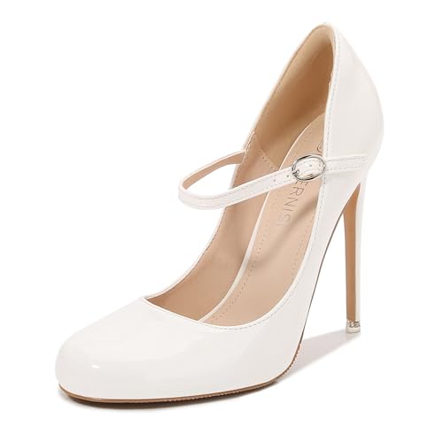 WOkismD Damen-Pumps mit hohem Absatz aus Lackleder, geschlossene runde Zehenpartie, Stiletto-Absatz, 11,9 cm, Knöchelriemen, Kleid, Hochzeitsschuhe,Weiß,35 von WOkismD