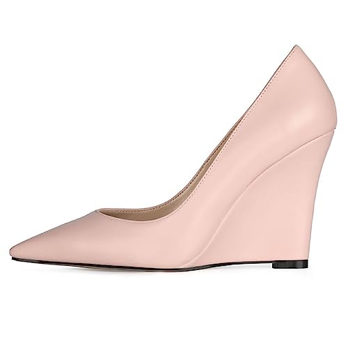 WOkismD Damen-Pumps mit hohem Keilabsatz, sexy, Spitze Slip-on-Wedges, geschlossene Zehen, Bequeme Pumps, Schuhe für Hochzeit, Büro, Abend,Rosa,43 von WOkismD