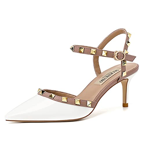 WOkismD Damen-Pumps mit spitzem Zehenbereich und hohem Absatz, modisch, Nieten-Knöchelriemen, elegante mittelhohe Kitten-Heels, sexy Slingback-Stiletto-Heels, Hochzeitskleid-Schuhe,Weiß,33 von WOkismD