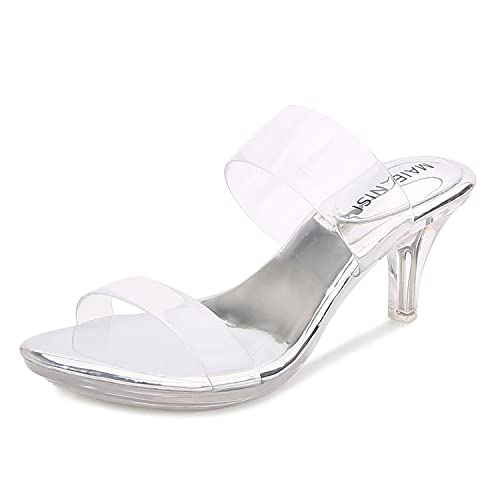 WOkismD Damen-Sandalen mit klarem Absatz, Kristallabsatz, Kitten-Heel-High Heels, offener Zeh, doppelter transparenter Riemen, Pantoletten zum Hineinschlüpfen, Slingback-Hochzeitsschuhe,Weiß,35 von WOkismD