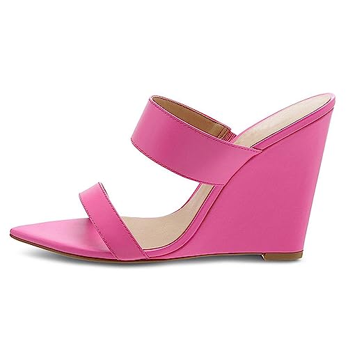 WOkismD Damen-Sandalen mit zwei Riemchen und Absatz, Slip-on-Pumps mit hohem Keilabsatz, spitze, offene Zehen, Keilabsatz, Kunstleder, rückenfrei, Mule-Heels, Hausschuhe, Abendparty,Rosa,38 von WOkismD