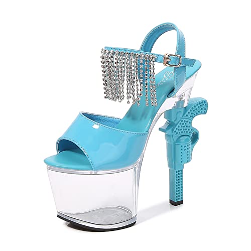 WOkismD Damen Sexy Offene Zehensandalen Kristall Plateau High Heels mit Strasskette Knöchelriemen Blockabsatz Geformte Absatzsandalen 17,5 cm/6,8 Zoll für Stripper Party Club Pole Dance,Blau,34 von WOkismD