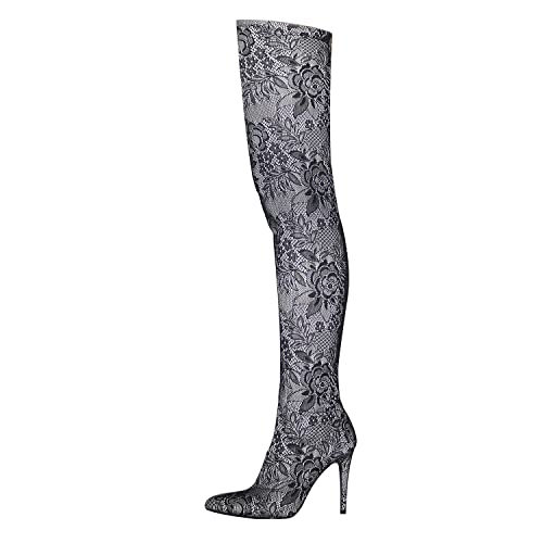 WOkismD Damen Sexy Spitze Blumen Overknee Stiefel Stretch Sexy Spitzschuh Oberschenkel Hohe Stiefel Seitlicher Reißverschluss Mesh Stiletto High Heels Schuhe,Weiß,36 von WOkismD