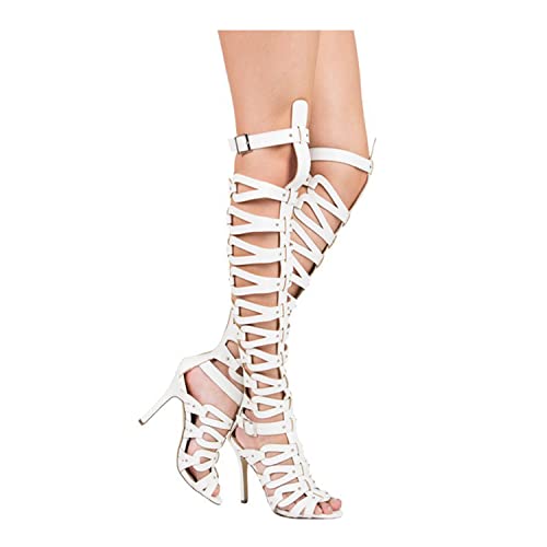 WOkismD Damen Sommer Overknee Stiefel Peep Toe Pfennigabsatz Mode Kleid Oberschenkel Hohe Stiefel Ausschnitt Rückenreißverschluss Römische Sandalen Schuhe,Weiß,38 von WOkismD