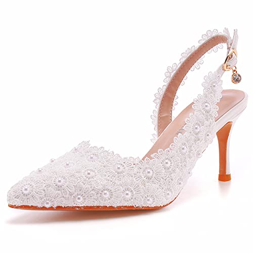 WOkismD Damen Spitz Pumps Kitten Heels Slingback Sexy Stilettos Slip on Heels Weiße Spitze Blumen Elegante Hochzeit Braut Sandalen Prom Dress Schuhe,Weiß,43 von WOkismD