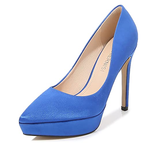 WOkismD Damen Spitze Zehe Plattform Heels Sexy Stiletto High Heel Pumps Slip-on Party Büro Kleid Schuhe Satin Hochzeit Braut Komfort Pumps,Blau,42 von WOkismD