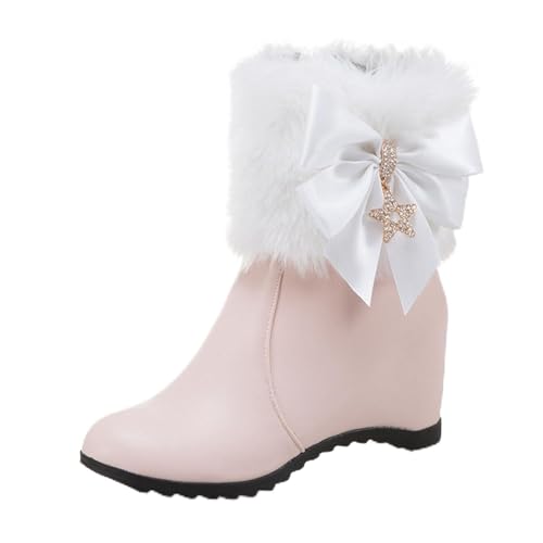 WOkismD Damen Stiefeletten mit Keilabsatz, lässige Booties mit runder Spitze und Schleife, Kunstpelz, warme Schneestiefel, modische Abendschuhe,Rosa,42 von WOkismD