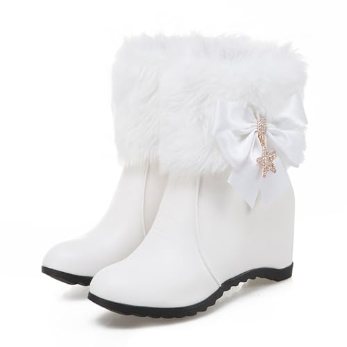 WOkismD Damen Stiefeletten mit Keilabsatz, lässige Booties mit runder Spitze und Schleife, Kunstpelz, warme Schneestiefel, modische Abendschuhe,Weiß,34 von WOkismD