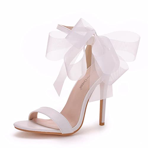 WOkismD Damen Stiletto High Heel Sandaletten mit Spitze Mesh Bows Knoten Dekoration Open Toe Knöchelriemen Sexy Kleid Hochzeit Braut Party Schuhe,Weiß,45 von WOkismD