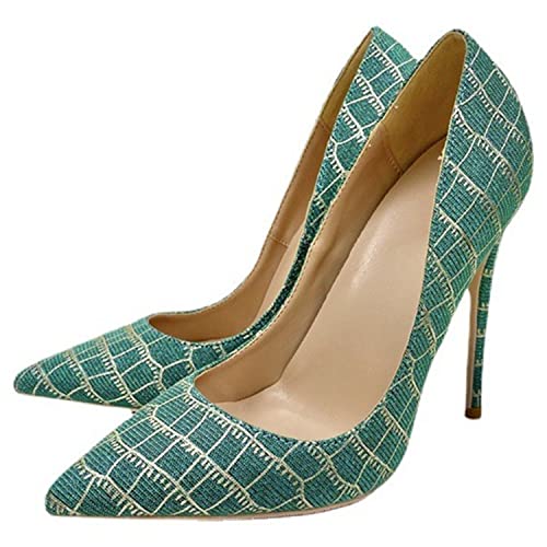 WOkismD Damen Vintage Karierte Stiletto High Heel Pumps Closed Pointed Toe 4.7 Zoll/12cm Absatz Klassische Party Hochzeitskleid Pump Schuhe,Blau,35 von WOkismD