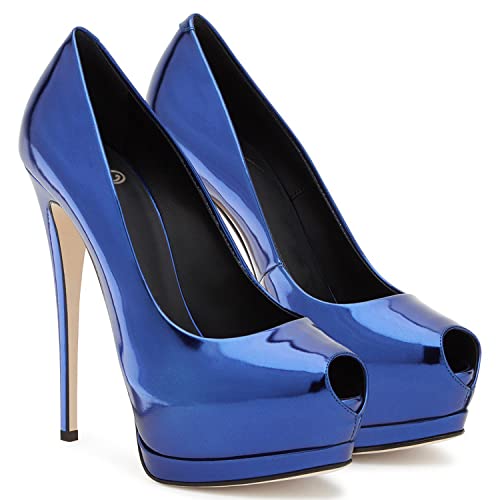 WOkismD Elegante und Elegante Damen-Peep-Toe-Pumps mit 5,9-Zoll-Stiletto-Absatz, Plateau-Stiletto-Absatz zum Hineinschlüpfen in eleganten Party-Hochzeitsschuhen,Blau,34 von WOkismD