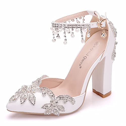 WOkismD Frauen Block Chunky High Heels Spitz Geschlossene Zehe Perle Strass Kristall Hochzeitsschuhe Perlen Knöchelriemen Party Abend Abschlussball Tanzschuhe,Weiß,36 von WOkismD