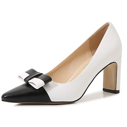 WOkismD Frauen Chunky Mid Heel Close Pointed Toe Pumps schwarz und weiß farblich passende High Heels mit Schleifenverzierung Hochzeit Büroschuhe,Weiß,43 von WOkismD