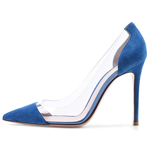 WOkismD Frauen Clear Slip on Pumps Stiletto High Heel Spitzschuh PVC Patchwork Sandalen Kleid Hochzeit Party Sommerschuhe 12cm/4.7inch,Blau,41 von WOkismD