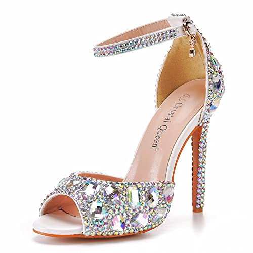 WOkismD Frauen Knöchelriemen Stiletto High Heel Spitzschuh Pumps Glitter Strass Heels Sparkly Prom Schuhe Stiletto Hochzeit Heels für Brautschuhe für Frauen,Weiß,37 von WOkismD