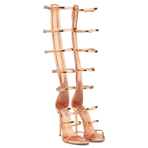 WOkismD Frauen Sommer Oberschenkel Hohe Stiefel Offene spitze römische Metallschnalle High Top Sandalen Stiletto High Heel Reißverschluss Stiefel Sexy Nachtclub Abendkleid Schuhe,Gold,44 von WOkismD