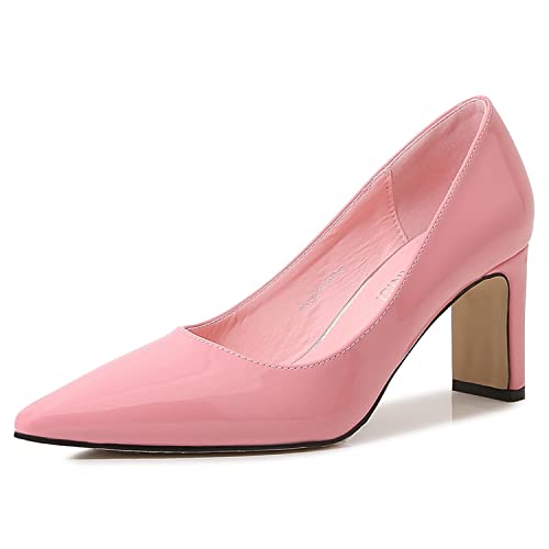 WOkismD Frauen Spitzen Zehen Pumps Block Heel Mary Janes Heels Chunky Heel Pumps Büro Brautkleid Slip On Schuhe Lackleder,Rosa,38 von WOkismD