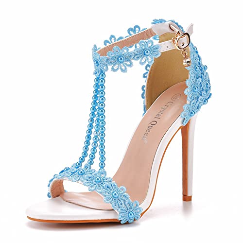 WOkismD Frauen voller Spitze Perlen Pumps Stilettos High Heels mit floraler Spitze Perlen Perlen T-Strap offene Zehen Sandaletten Braut Hochzeit Party Schuhe,Light blue,36 von WOkismD