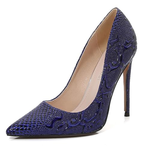 WOkismD Geprägte Damen-High-Heels, 11,9 cm, geschlossene, Spitze Zehen-Pumps, Elegante Slip-On-Stiletto-Absätze für Damen-Kleider, Hochzeitsschuhe,Blau,45 von WOkismD