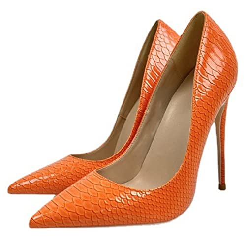 WOkismD High Heels für Damen, Damen Orange Snake Print Spitzschuh Slip on Stilettos Party Hochzeit Abschlussball Pumps Basic Schuhe 4,7 Zoll/12cm,Orange,34 von WOkismD