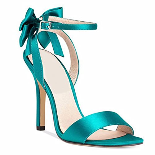 WOkismD Hohe Damen-Stiletto-Absätze aus Satin mit offenem Zehenbereich, Knöchelriemen, Pump-Sandalen mit Schleife hinten, für Hochzeit, Brautparty, Abschlussball,Blau,36 von WOkismD