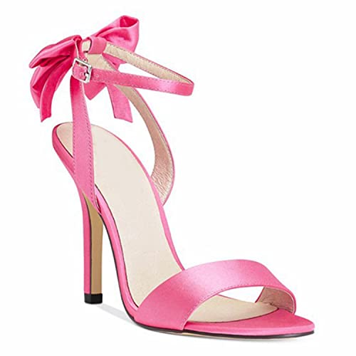 WOkismD Hohe Damen-Stiletto-Absätze aus Satin mit offenem Zehenbereich, Knöchelriemen, Pump-Sandalen mit Schleife hinten, für Hochzeit, Brautparty, Abschlussball,Rosa,36 von WOkismD