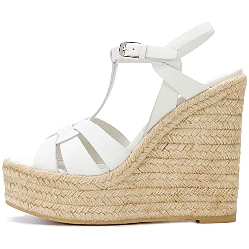 WOkismD Klassische Sommer-Plateau-Sandalen für Damen mit Keilabsatz, Espadrille-Plattform, Knöchelriemen, runde, offene Zehensandalen, bequeme High Heels für den lässigen Strand,Weiß,41 von WOkismD