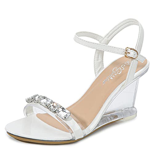 WOkismD Mode Strass Sandale für Frauen Knöchelriemen Kristall Offene Spitze Keil Sandale Sommer Flip Sandalen Transparente Sohle Kleid Schuhe Party Hochzeit Nachtclub,Weiß,34 von WOkismD