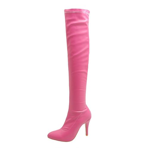 WOkismD Overknee-Stiefel aus PU-Leder für Damen, spitze Zehenpartie, hohe Stiefel, 4.1 Zoll, Stilettoabsatz, lange Stiefel, seitlicher Reißverschluss, Abendschuhe,Rosa,44 von WOkismD