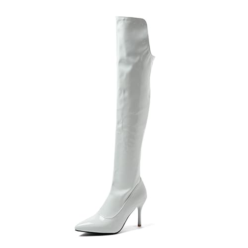 WOkismD Overknee-Stiefel für Damen, spitze Zehenpartie, hohe Stiefel, 9,4 cm, Stilettoabsatz, lange Stiefel, seitlicher Reißverschluss, kniehohe Kleiderstiefel,Weiß,35 von WOkismD