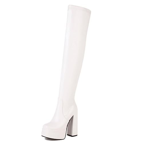 WOkismD Overknee-Stiefel für Damen mit Plateau, klobigem Blockabsatz, Lackleder, PU, ​​runde Zehenpartie, Overknee-Stiefel, seitlicher Reißverschluss, lange Stiefel, Abendschuhe,Weiß,42 von WOkismD