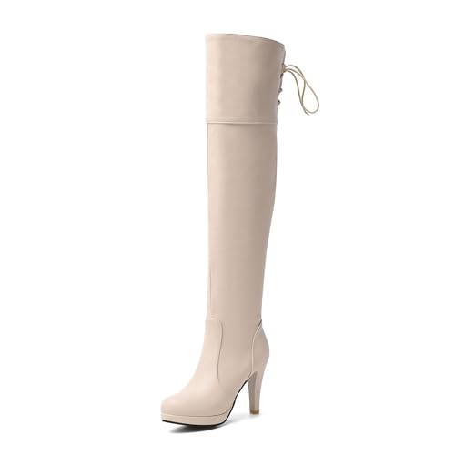 WOkismD Overknee-Stiefel für Damen mit Plateauabsatz, klobiger Absatz, Overknee-Stiefel, seitlicher Reißverschluss, lange Stiefel zum Schnüren, bequeme Abendschuhe für Herbst und Winter,Beige,40 von WOkismD