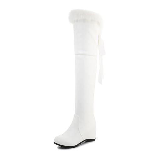 WOkismD Overknee-Stiefel mit Keilabsatz für Damen, mit Keilabsatz, Schnürung, Overknee-Stiefel aus Kunstpelz, warme lange Herbst- und Winterstiefel, modische Abendschuhe,Weiß,41 von WOkismD