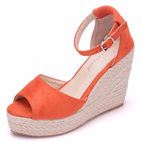 WOkismD Sandalen für Damen, Plateau-Knöchelriemen, Damen-Sandalen, offene Zehen, Espadrille-Keilsandalen, lässige Sommer-Damen-Kleiderschuhe,Orange,35 von WOkismD