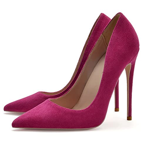 WOkismD Wildleder Stiletto High Heel Schuhe für Frauen Spitz Geschlossene Zehe Klassische Slip On Kleid Pumps 4,7 Zoll/12cm Hochzeitskleid Süße Abendschuhe,Rosa,44 von WOkismD