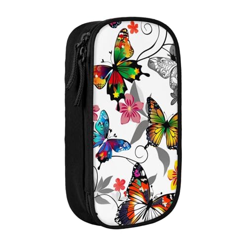 Federmäppchen mit weißem Blumenmuster, bunte Schmetterlinge, Kunstdruck, großes Fassungsvermögen, schwarz, doppellagig, Schreibwaren-Organizer, Kosmetik- und Make-up-Tasche für Studenten, Lehrer, Federmäppchen mit weißem Blumenmuster, bunte Schmetterlinge, Kunstdruck, großes Fassungsvermögen, schwarz, doppellagig, Schreibwaren-Organizer, Kosmetik- und Make-up-Tasche für Studenten, Lehrer, von WPUTY