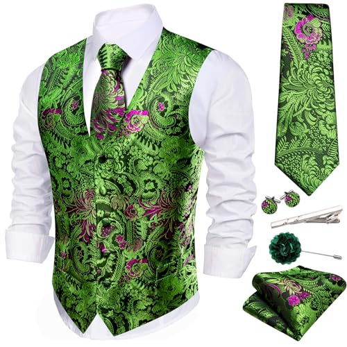 WSHOWY Paisleymuster, Krawatten-Set für Herren, Business, 6-teilig, Blumenanzug, Weste, Seide, V-Ausschnitt, glitzernd, Hochzeit, Abschlussball für Smoking, Grüne, violette Blume, X-Large von WSHOWY