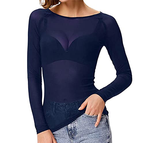 Damen Basic Langarm Mesh Sheer Tops Transparent Blusen, Dunkelblau, Klein von WSLCN