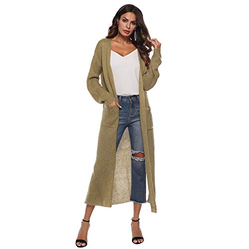 WSLCN Damen Cardigan Lange Elegant Strickjacke Einfarbig Herbst Frühling Freizeitjacke Khaki DE L(Asie XL) von WSLCN