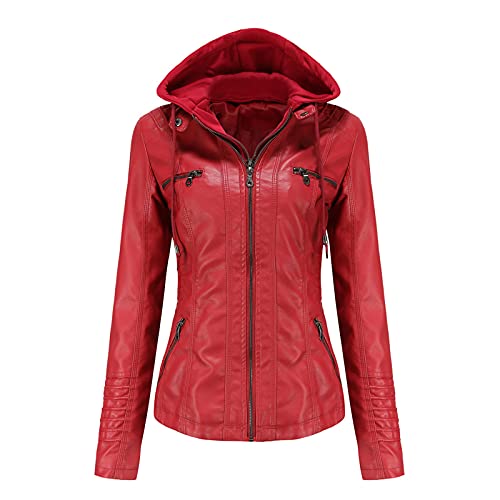 WSLCN Damen Lederjacke PU-leder Kurz Abnehmbare Zweiteilige Kapuzenjacke Stehkragen Rot XL von WSLCN